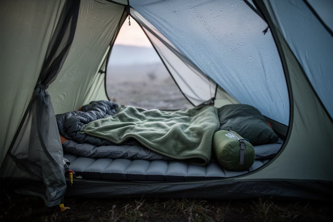 Tent interior at dawn with a sleeping pad, layered bedding and a rolled stuff sack