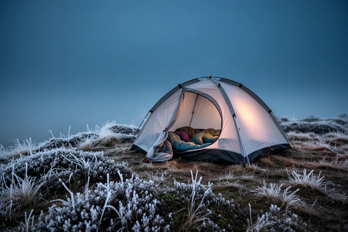 Cold-weather campsite at dusk on a grassy ridge with frost and a small tent