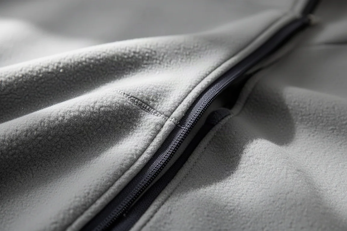 Macro detail of brushed fleece fabric with a stitched seam and dark zipper tape
