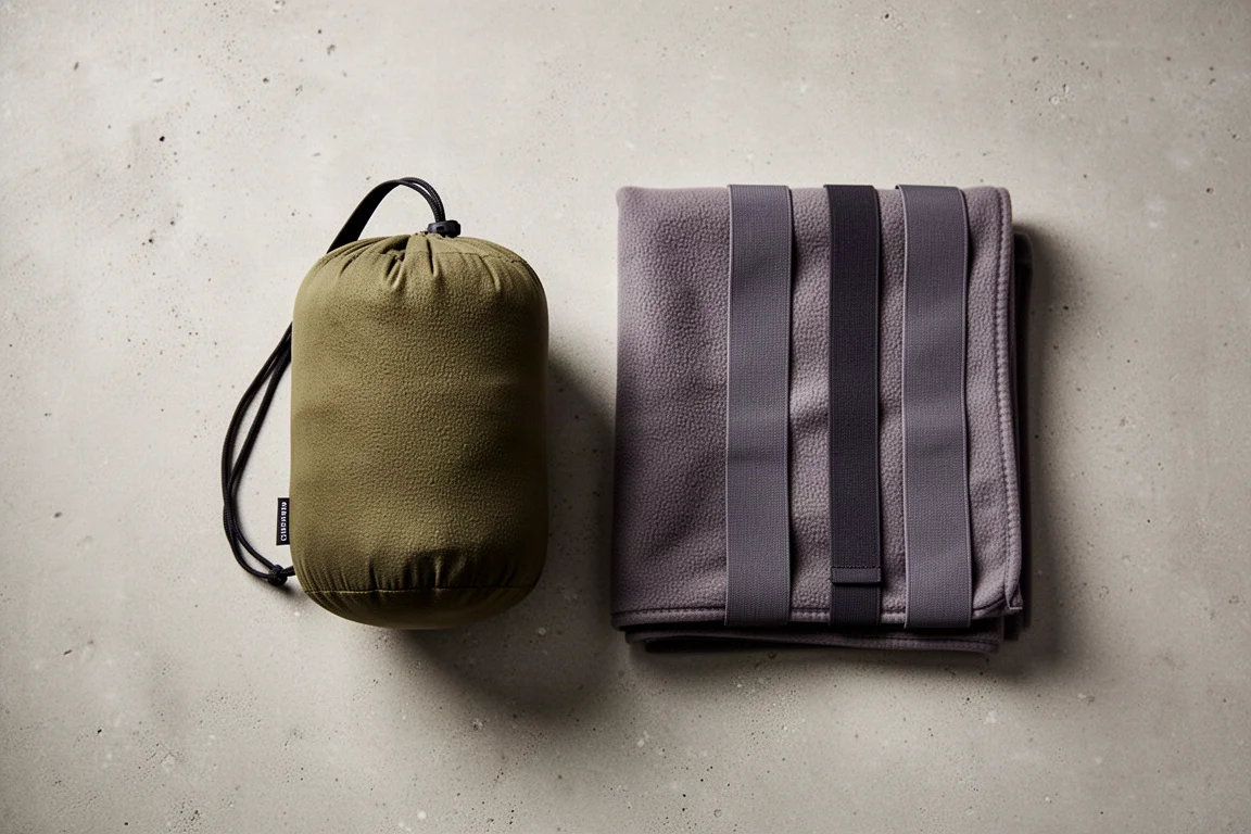 Overhead flat-lay of a packed liner, a thin down blanket and elastic straps on concrete