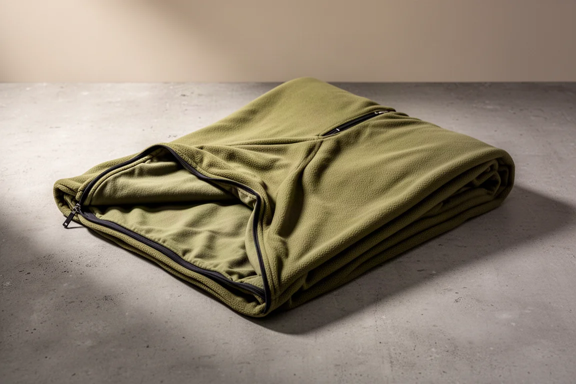 Fleece-Schlafsackliner in Mumienform mit linkem Reißverschluss und olivfarbenem Packsack auf Beton