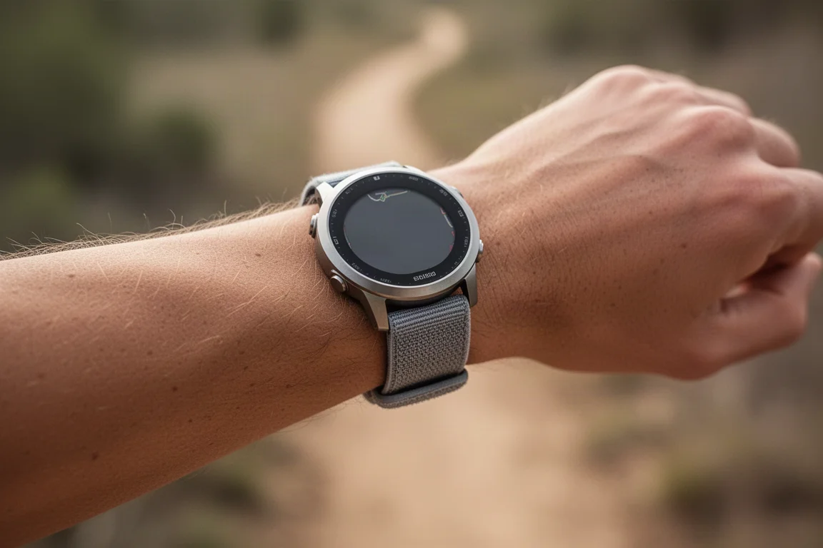 Polso di un corridore con un orologio sportivo GPS rotondo e cinturino in tessuto