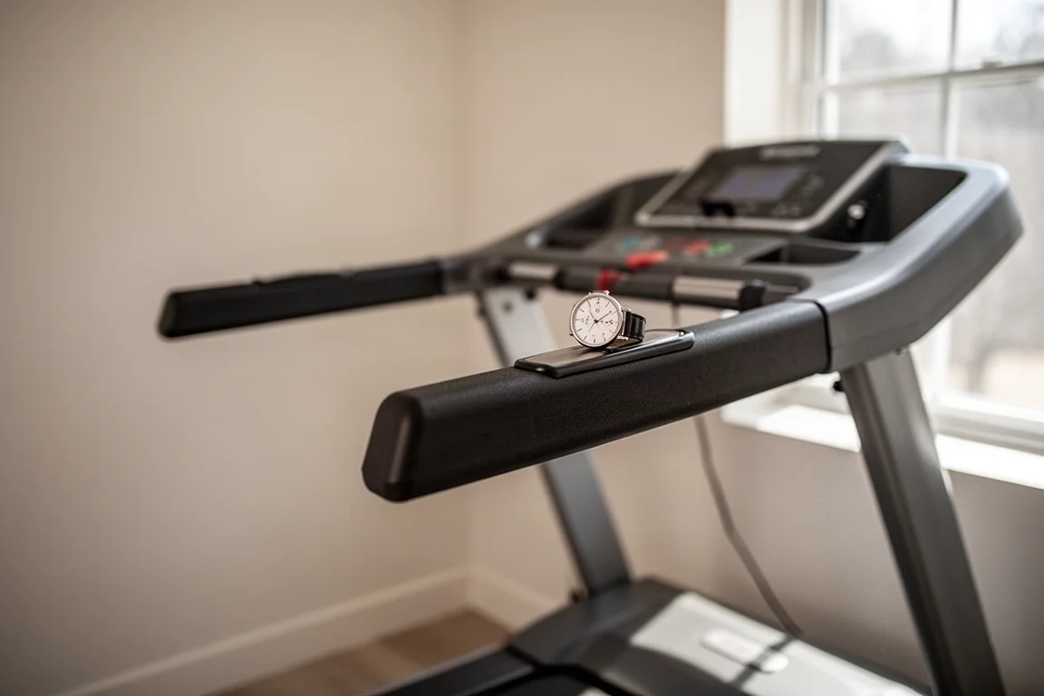Configurazione indoor su tapis roulant con un orologio abbinato a una piattaforma di corsa virtuale