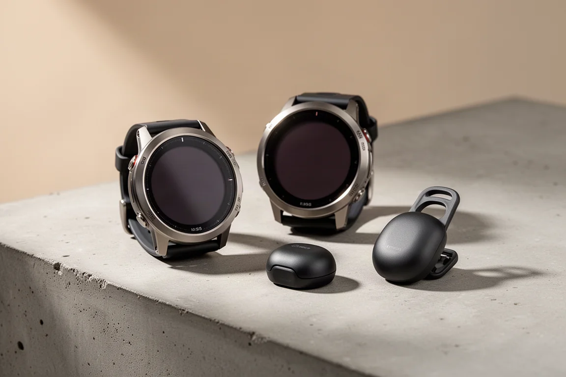 Two titanium GPS running watches and a small clip-on sensor pod on a concrete surface