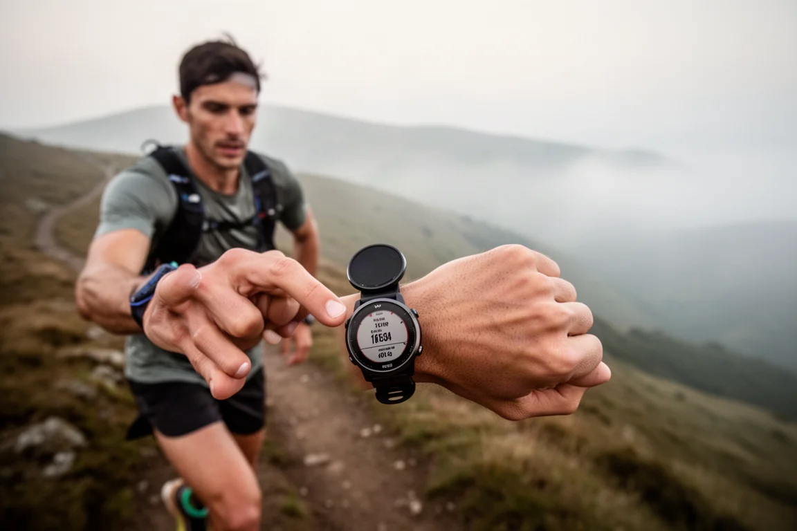 Trail runner checking a GPS sports watch on a mountain path