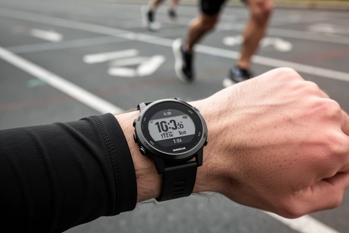 GPS watch worn on wrist during a hard interval session on a track