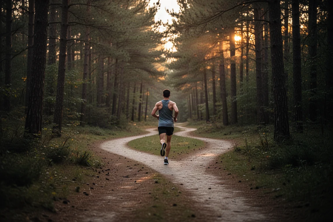 Runner following an off-road trail at dusk in soft low light