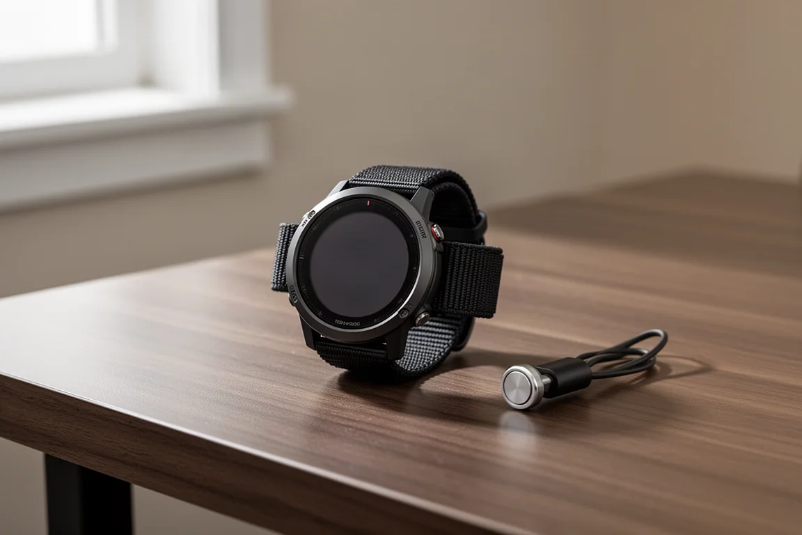 GPS sports watch charging on a wooden desk after a week of training