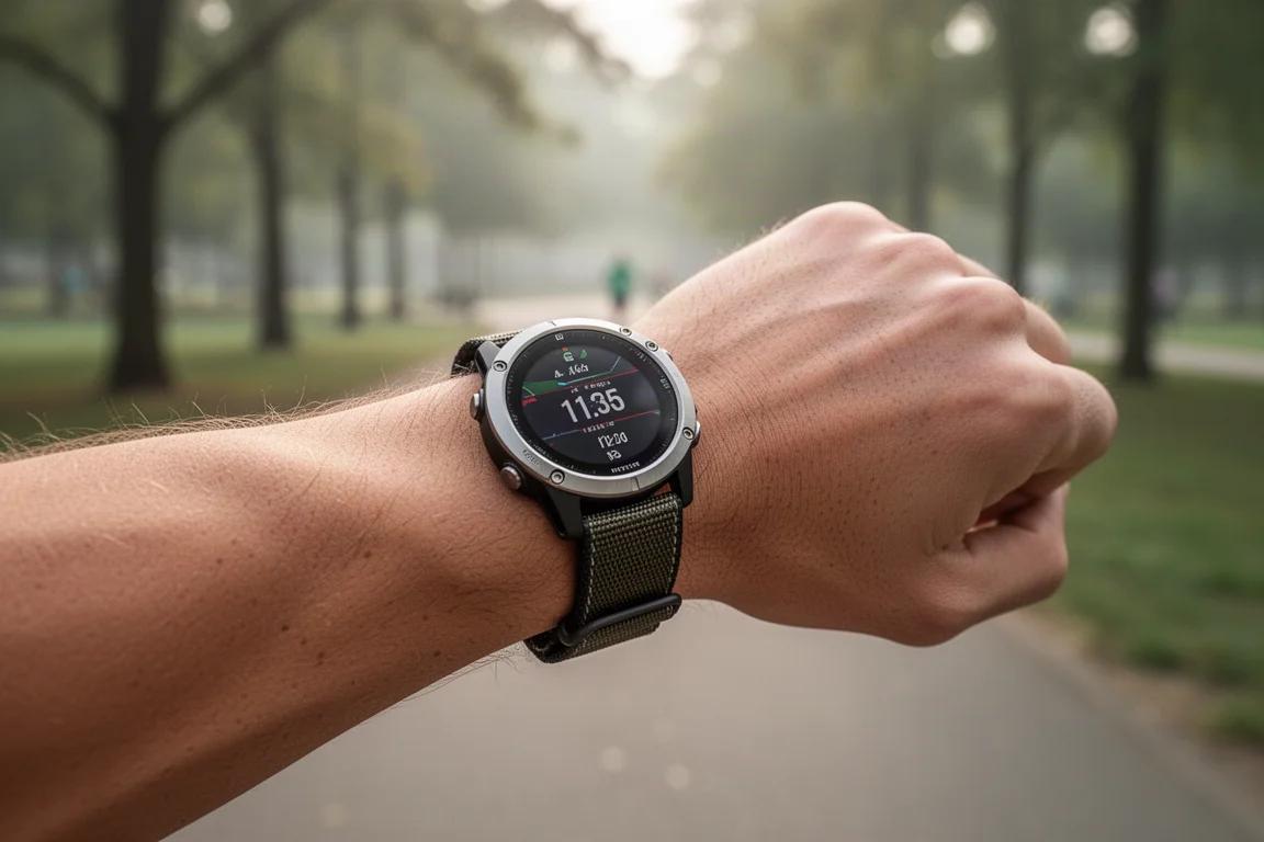 Läufer prüft eine GPS-Uhr am Handgelenk bei hellem Tageslicht im Freien