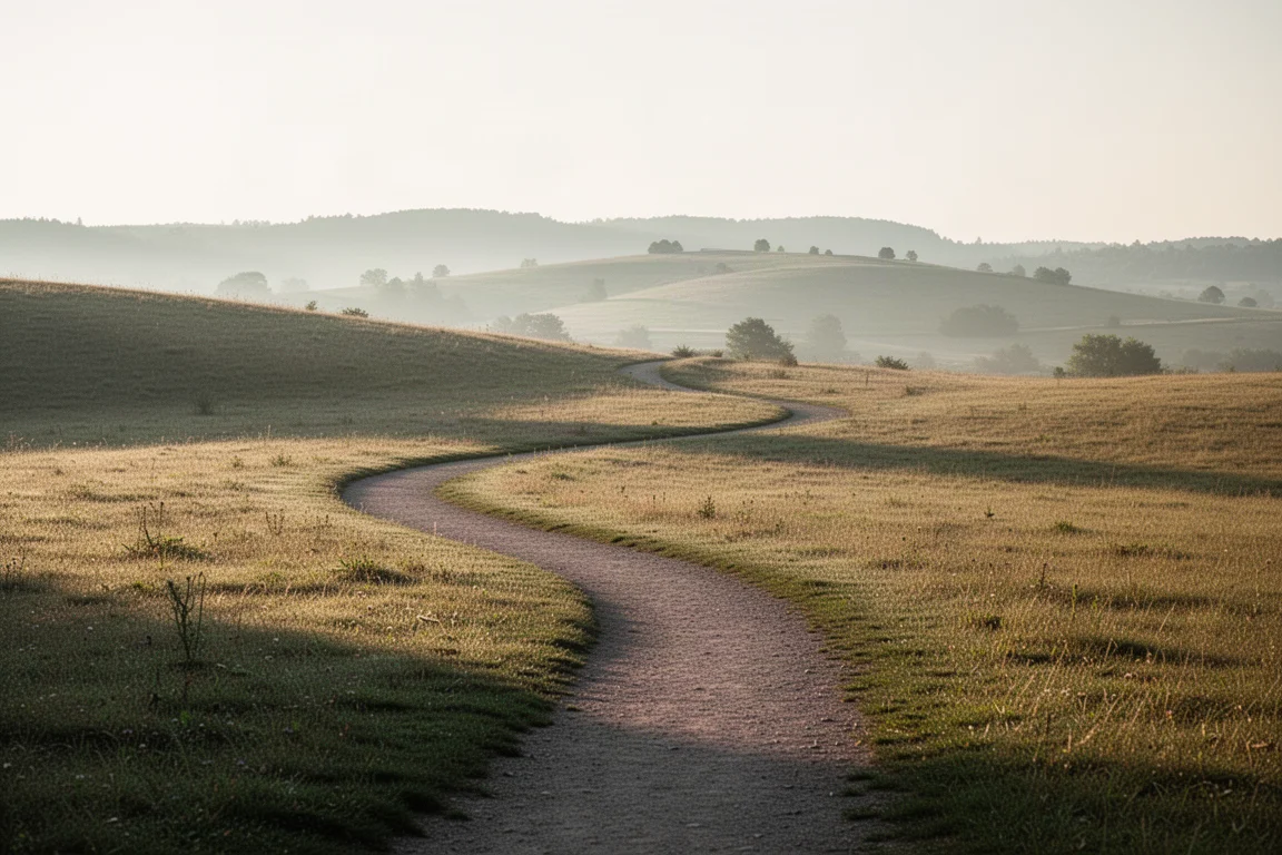 Trailweg schlängelt sich durch offene Landschaft bei weichem Licht