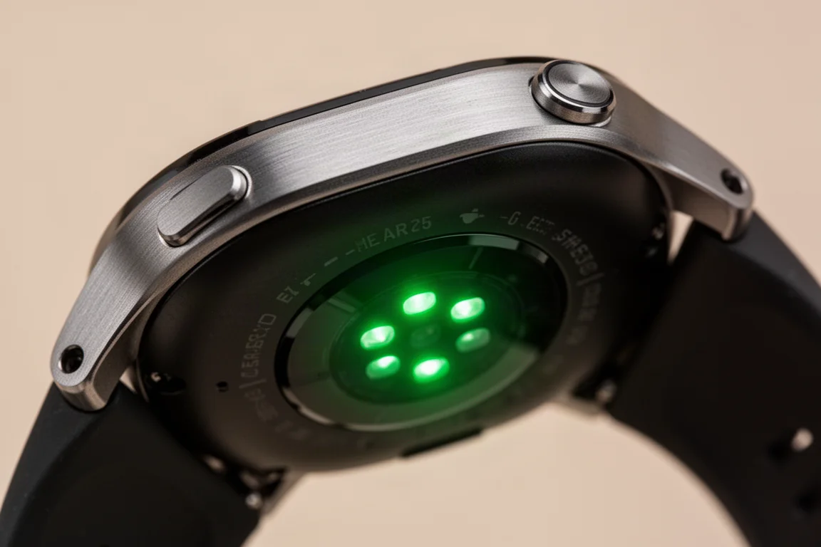 Nahaufnahme eines Herzfrequenzsensors an der Unterseite einer Uhr