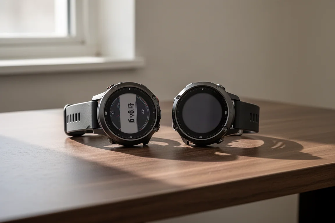 Two GPS sports watches resting side by side on a wooden desk