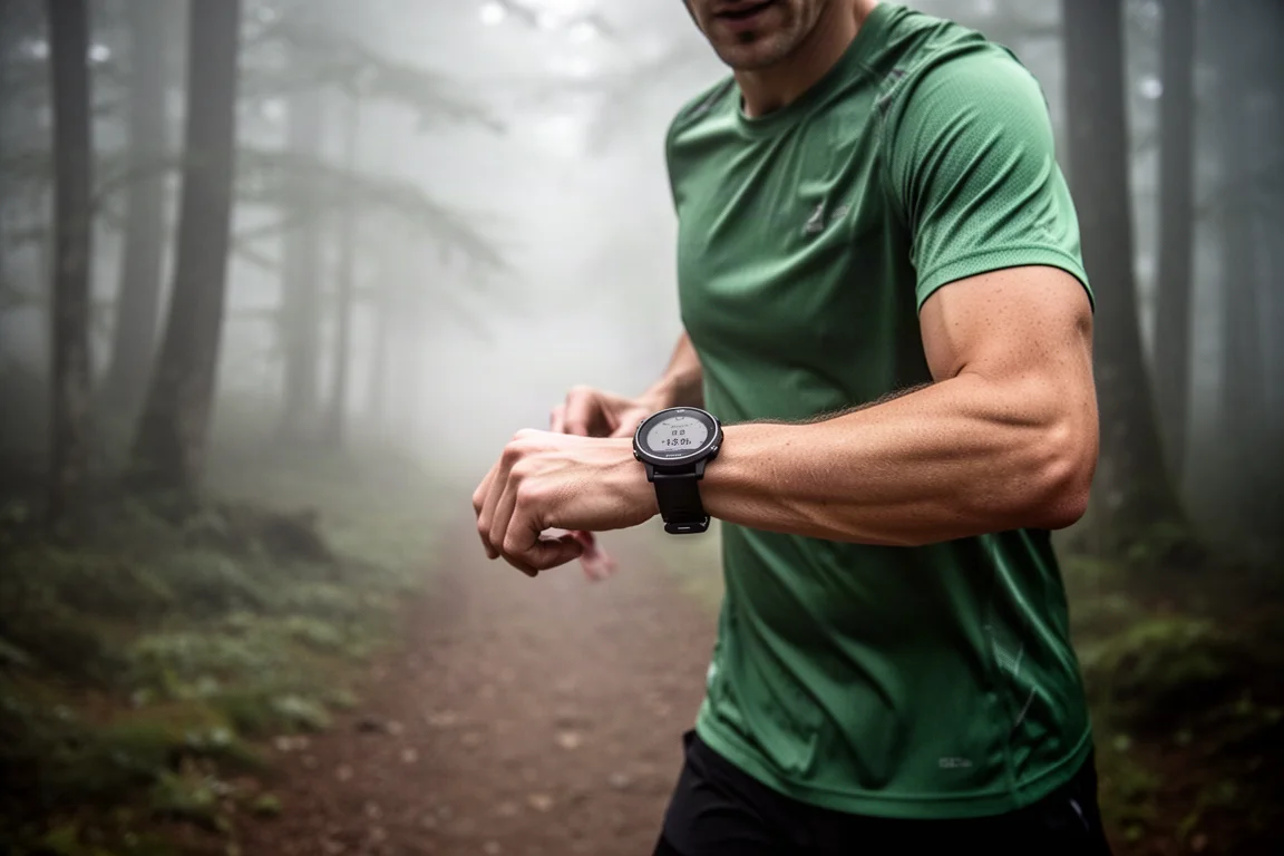 Runner checking a wristwatch on a misty forest trail