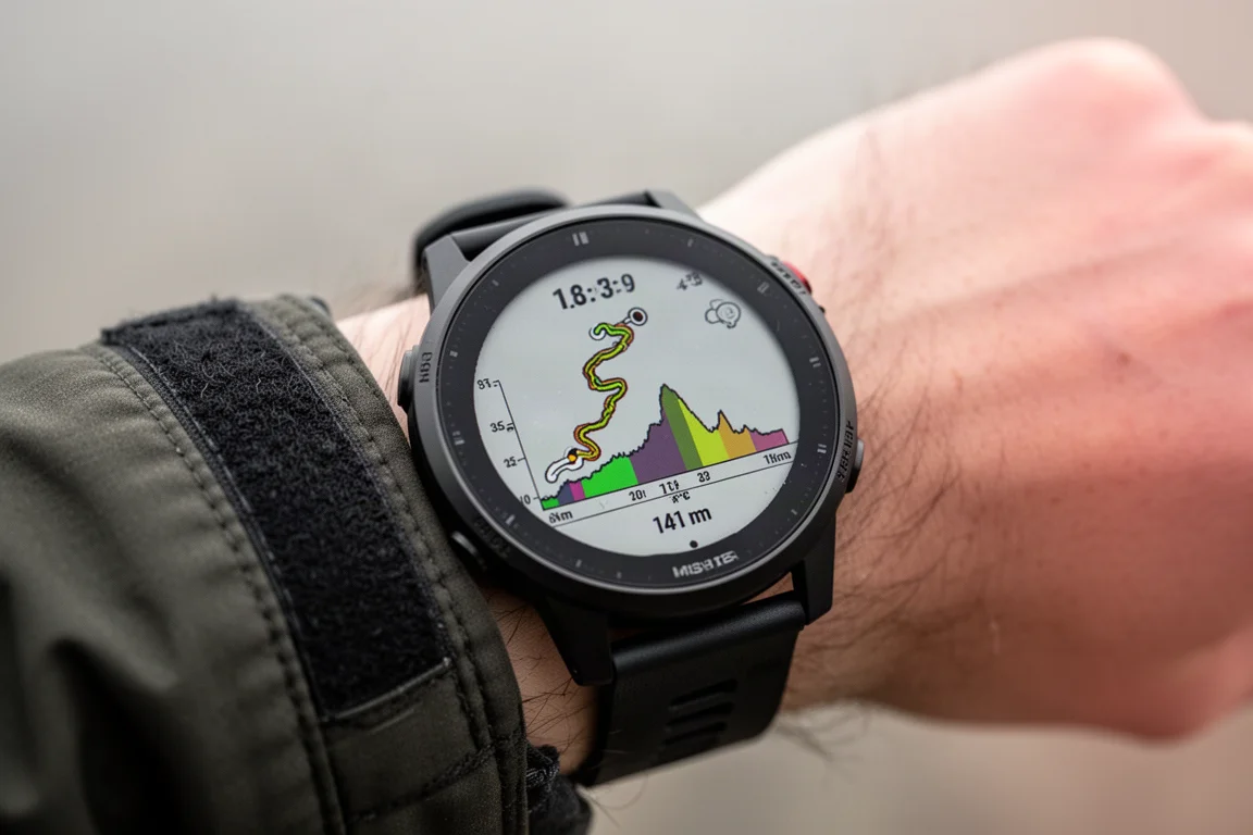 Close-up of a round watch display showing a navigation route