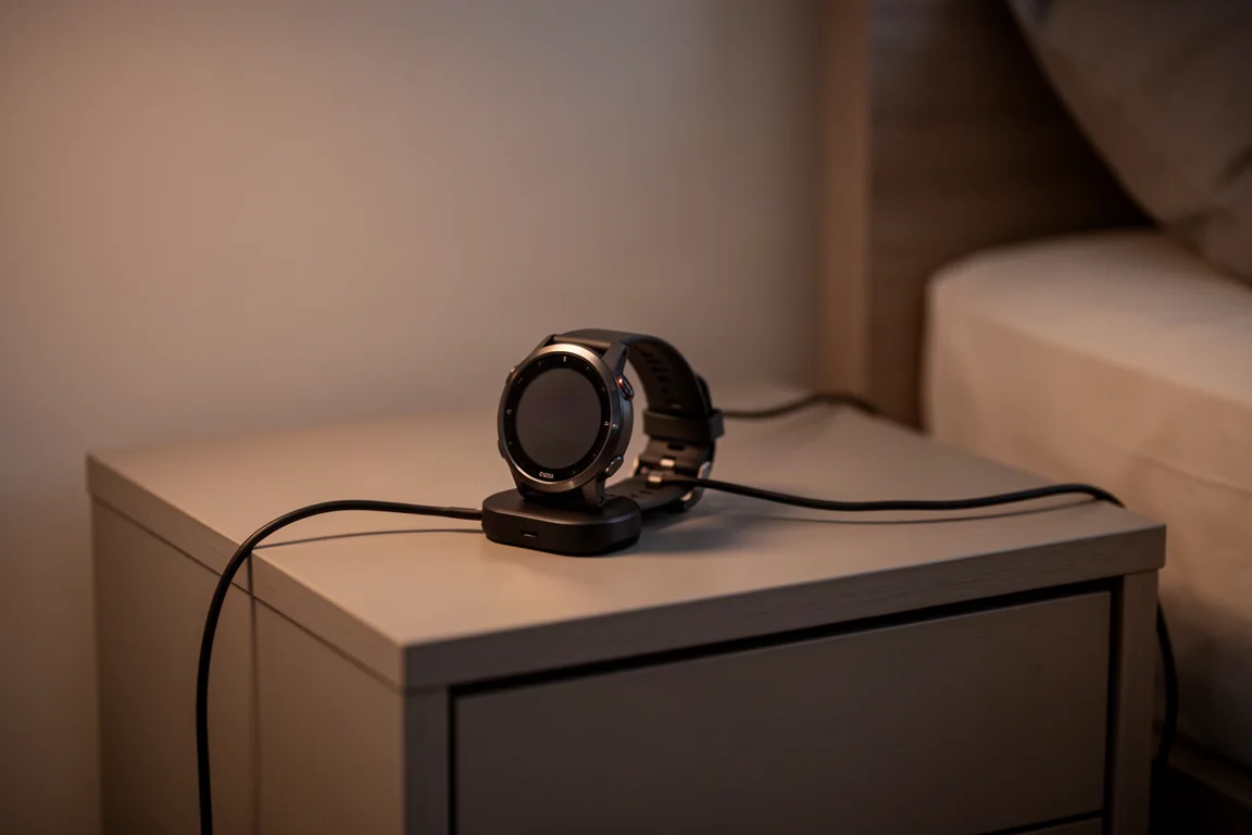 GPS watch charging on a nightstand in warm low light