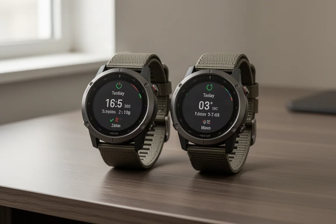 Zwei GPS-Sportuhren nebeneinander auf einem Holztisch mit Anzeigen täglicher Messwerte