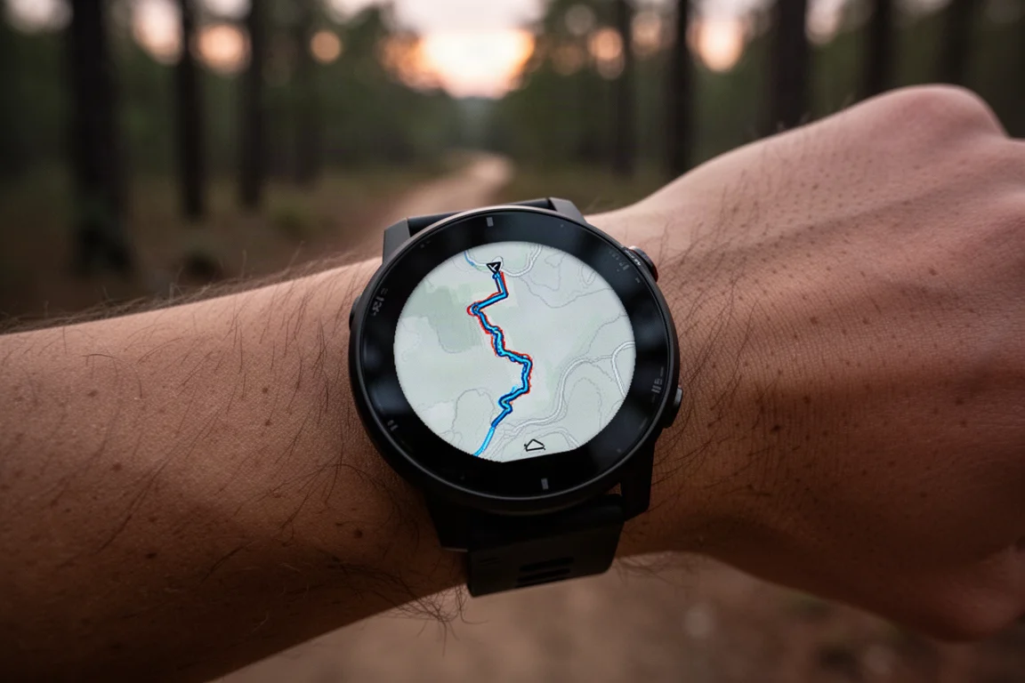 Nahaufnahme eines Smartwatch-Displays mit aufgezeichneter Routenkarte während eines Trailruns
