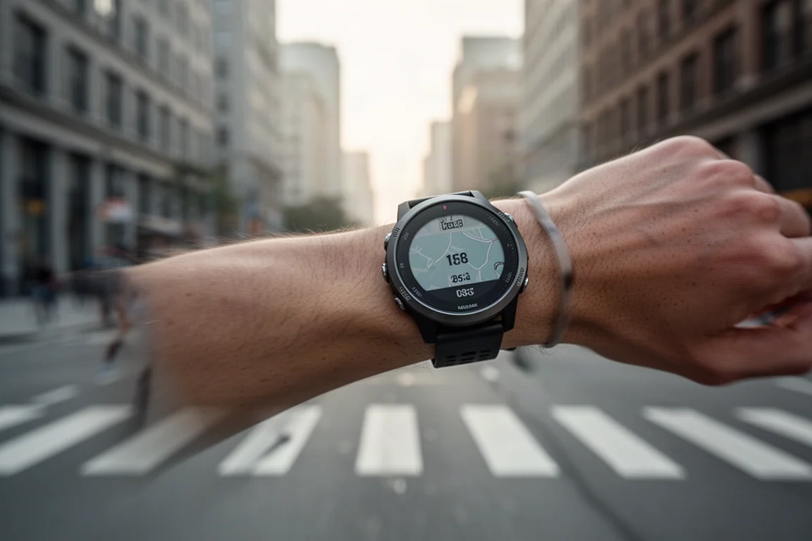 GPS-Uhr am Handgelenk mit einer Straßenkreuzung in der Stadt bei sanftem Tageslicht