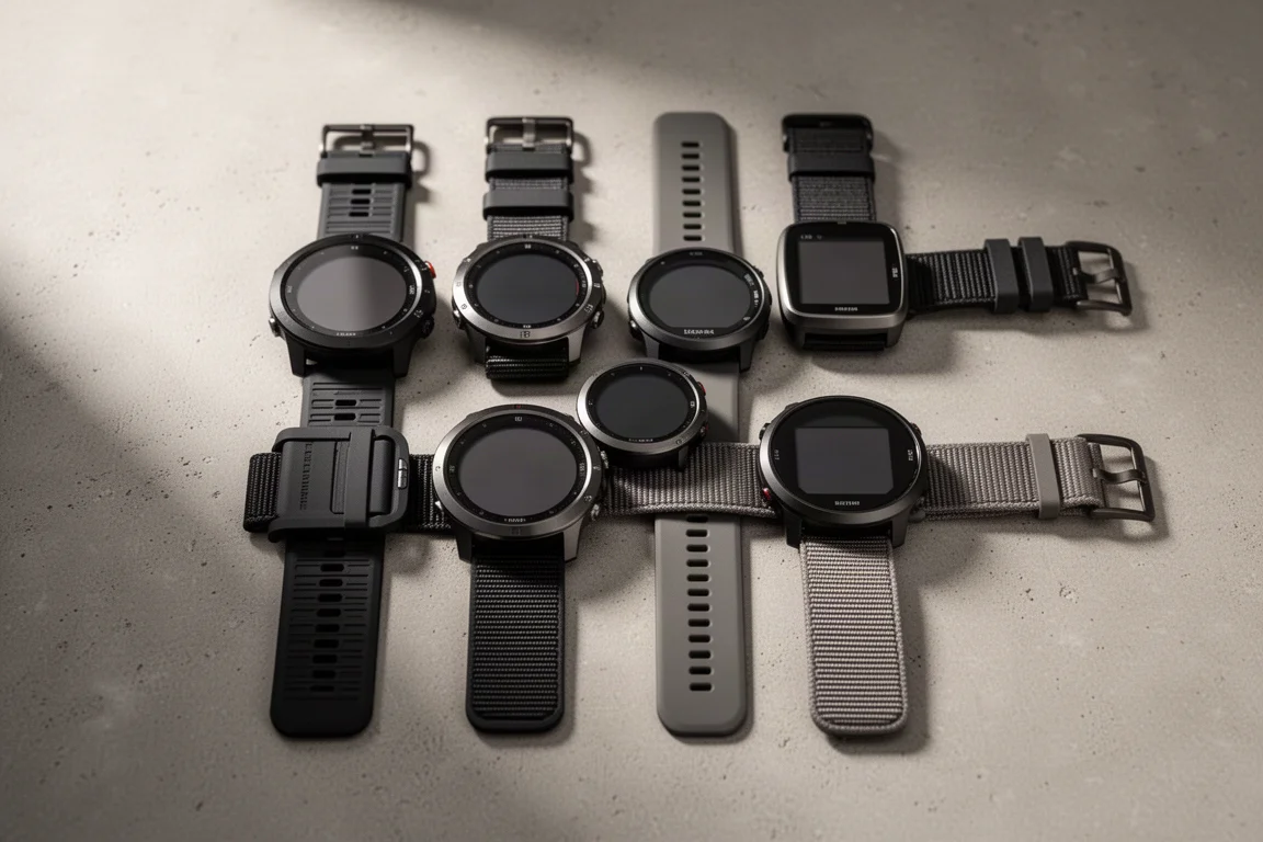 Six GPS sports watches arranged on a matte concrete surface in an editorial layout