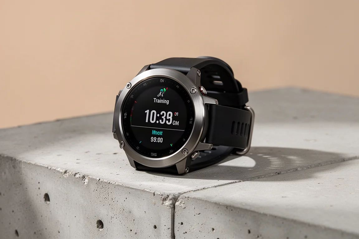 Sportwatch GPS Coros Apex 4 con lunetta in titanio su una superficie di cemento