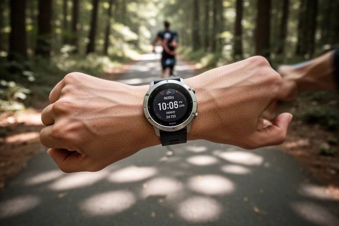 Trailrunner kijkt op een robuust GPS-horloge op een bergpad in zacht ochtendlicht