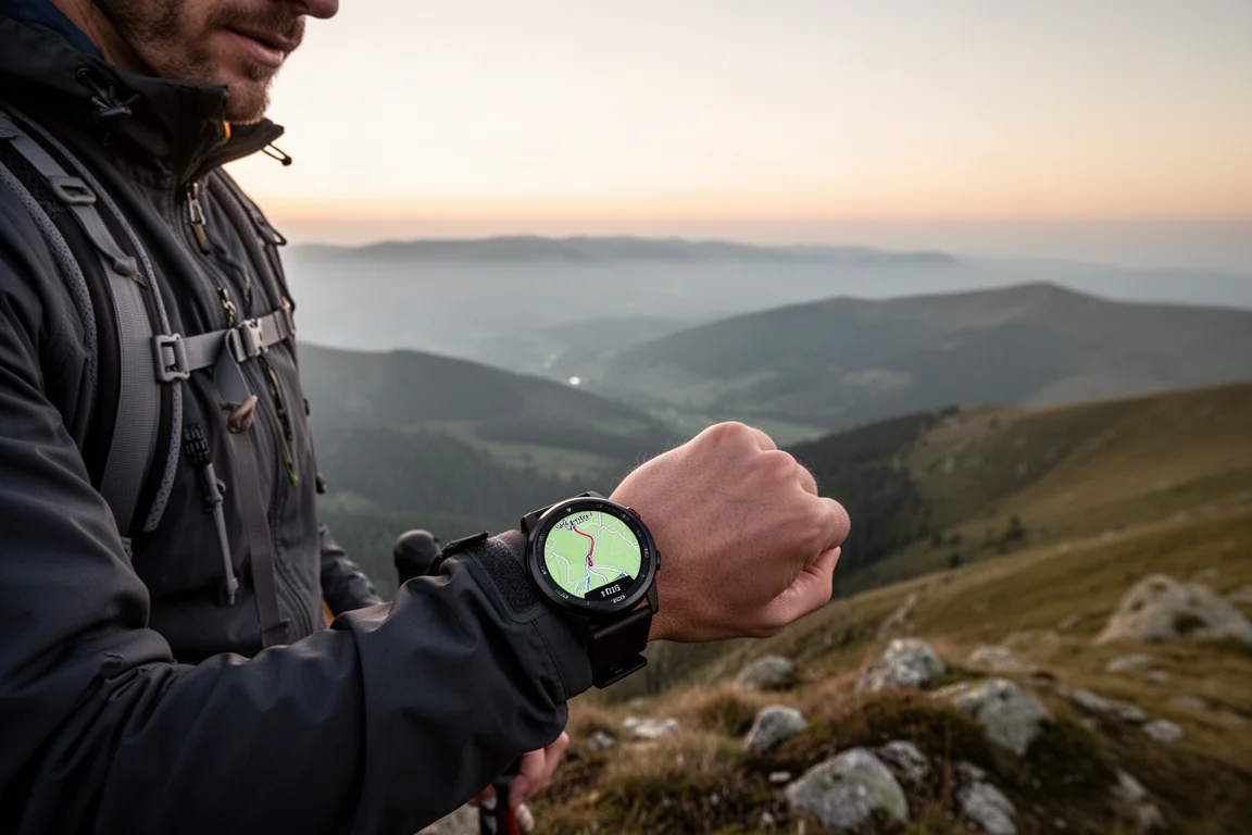 Scherm van robuust GPS-horloge met een kleurenhoogtekaart met pad-details