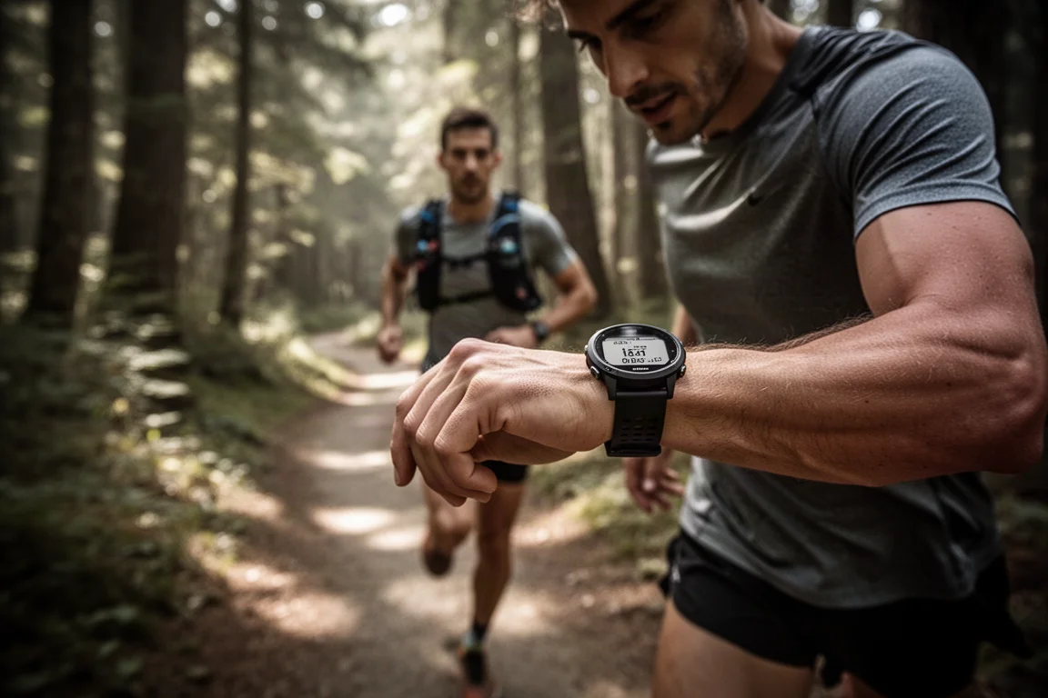 Corredor de trail consultando un reloj GPS en un sendero forestal con luz suave