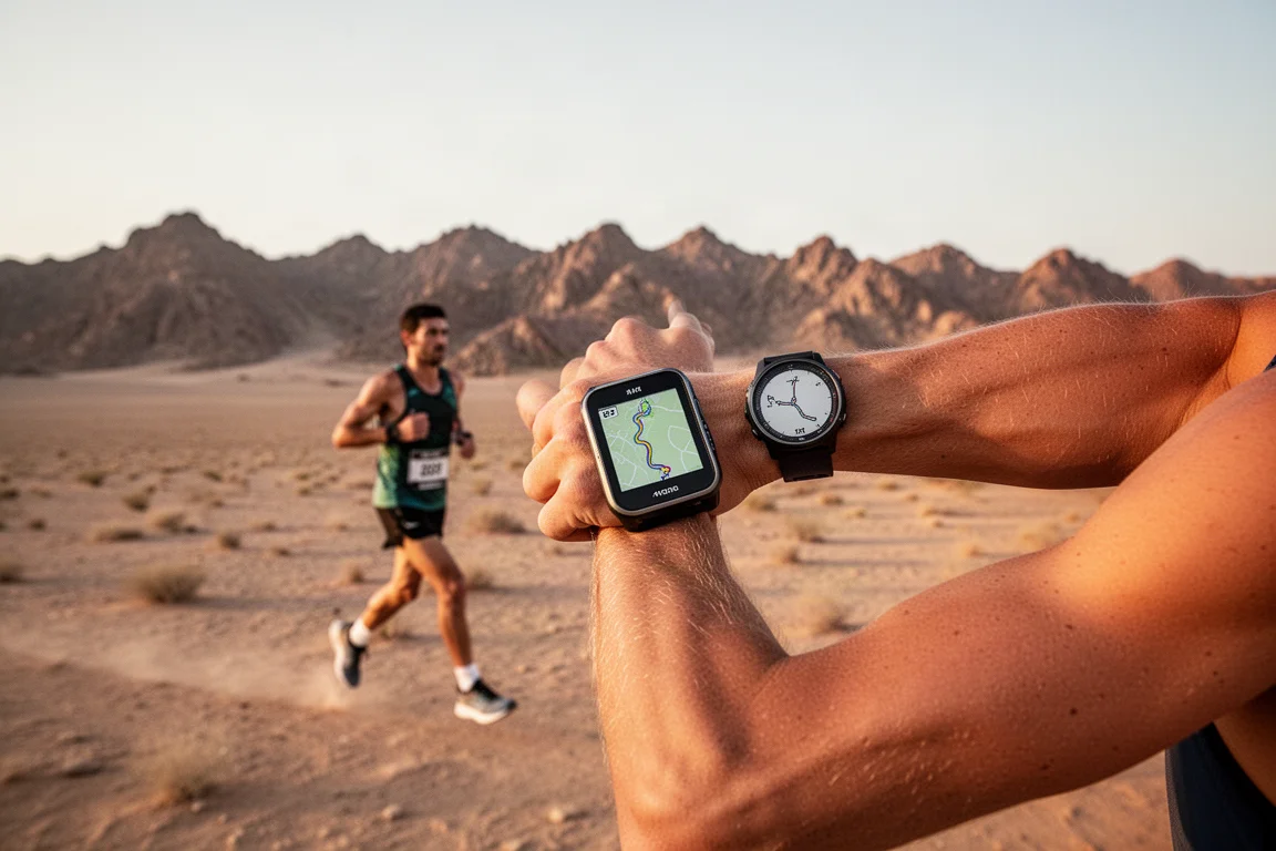 Corredor recorriendo una ruta de ultra en el desierto con un reloj que muestra indicaciones giro a giro