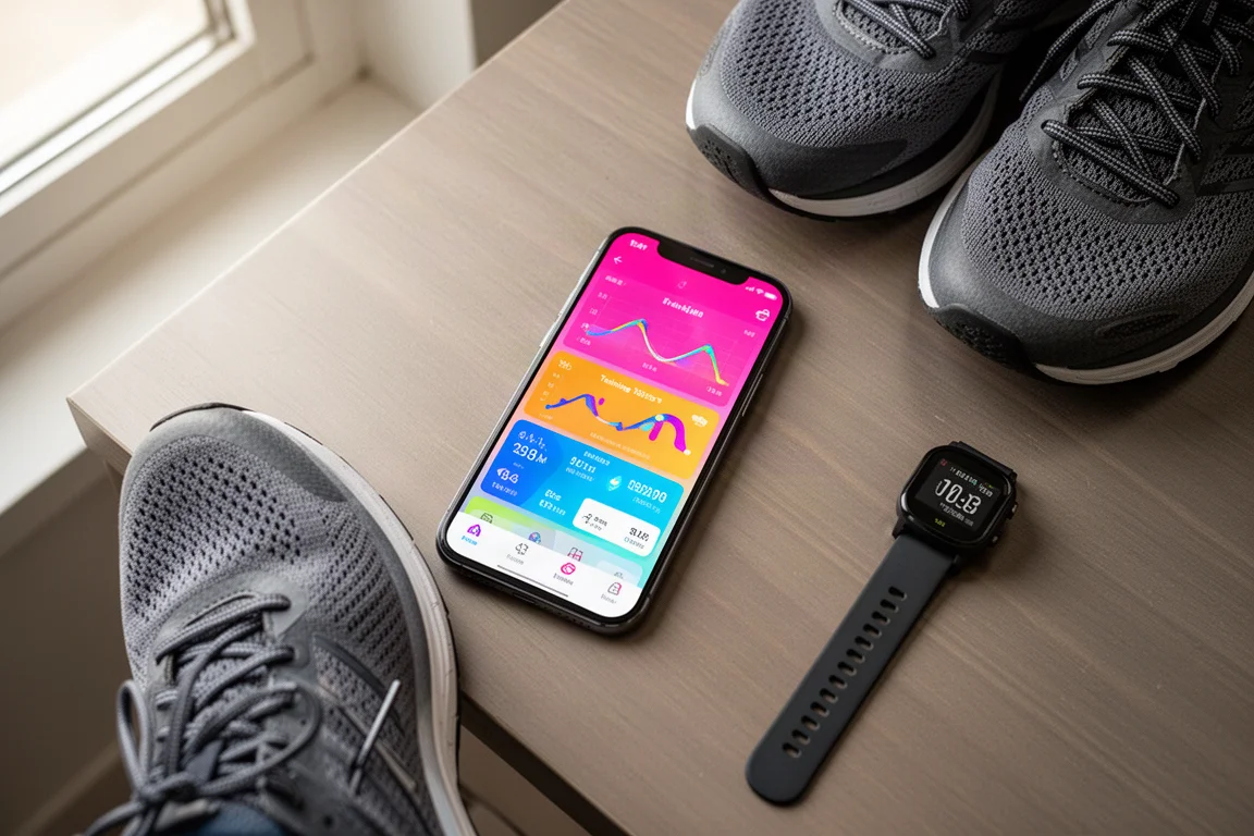 Corredor revisando coloridas métricas de entrenamiento en una app de smartphone tras una carrera