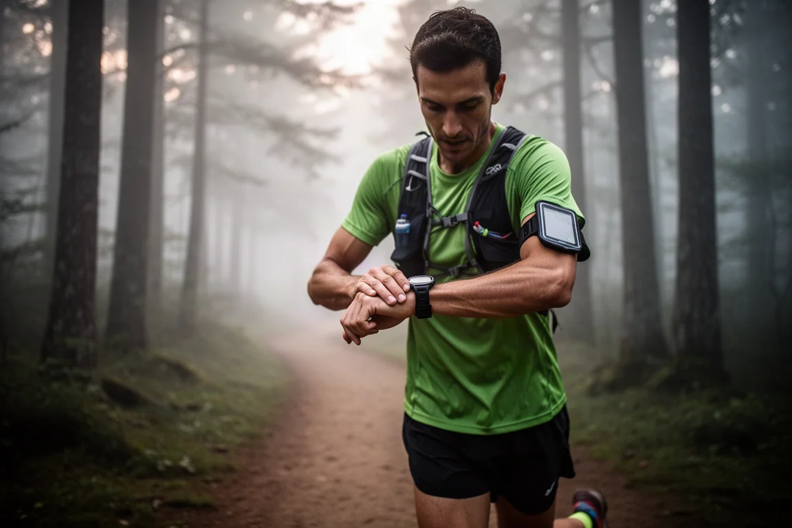 Trail runner controlla un GPS watch leggero su un sentiero boschivo avvolto nella nebbia