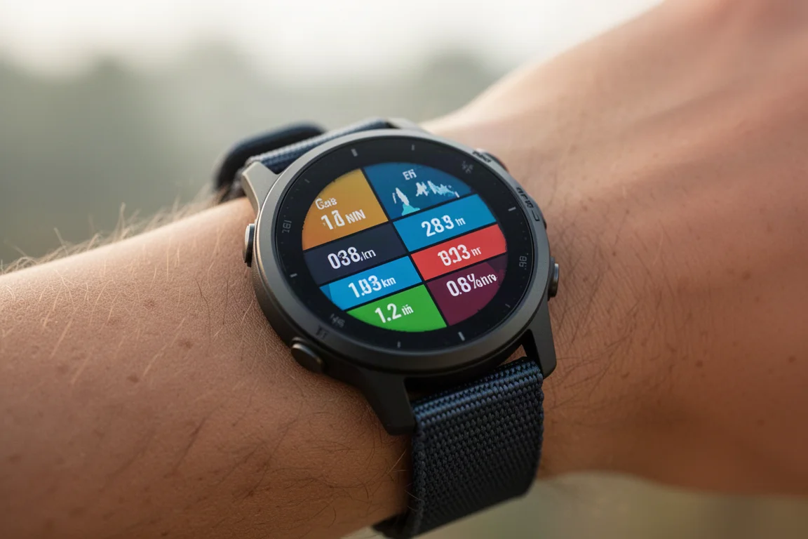 Primo piano del quadrante di un GPS watch con campi dati di allenamento colorati