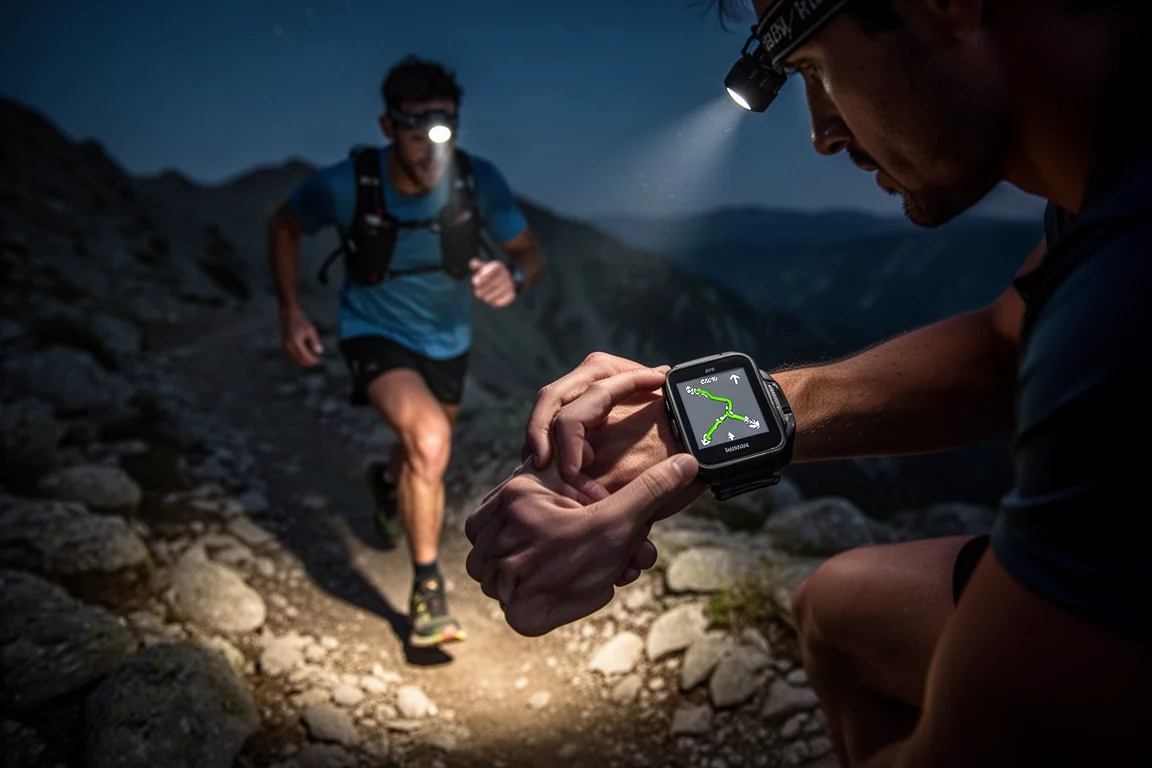 Runner segue una traccia GPX con frecce di navigazione su un sentiero di montagna buio di notte