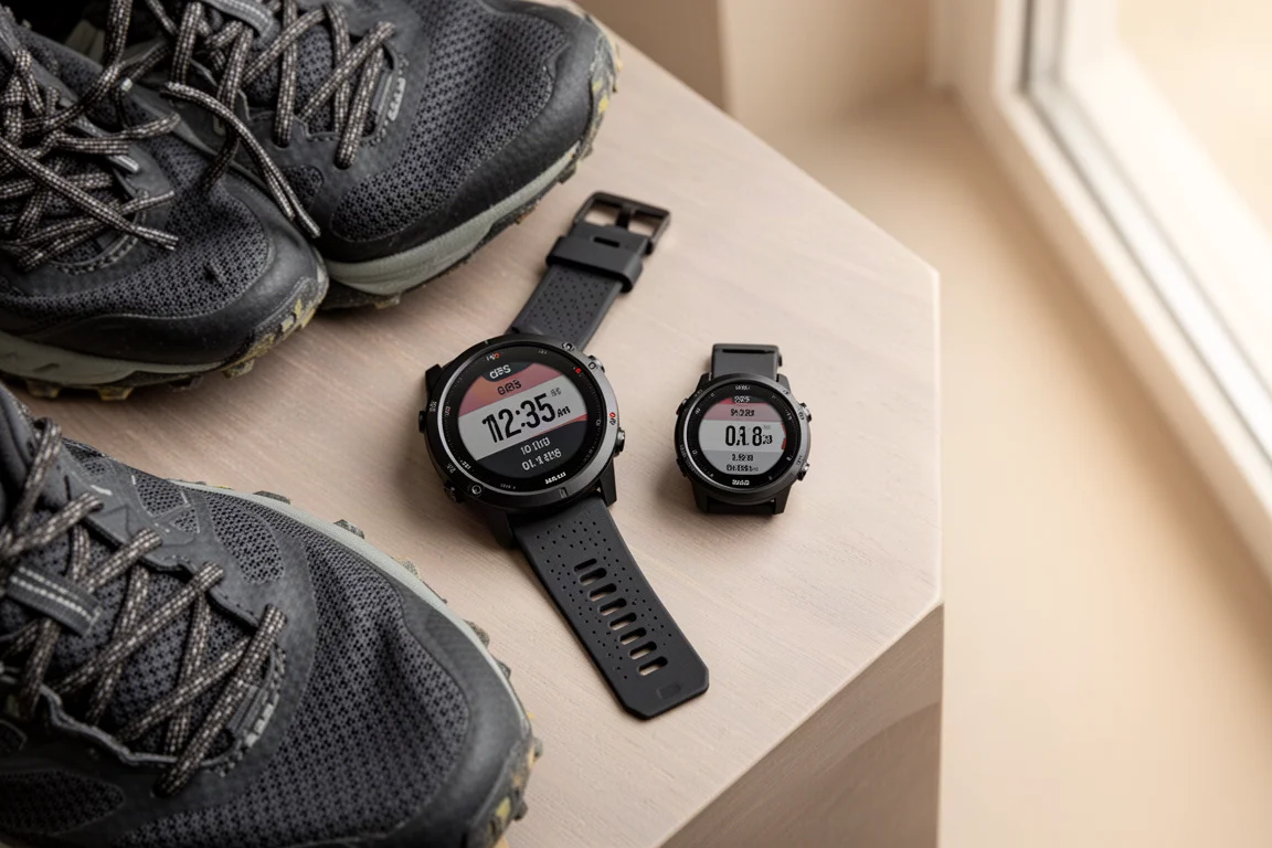 Due GPS watch di dimensioni diverse appoggiati su un tavolo di legno accanto a scarpe da running