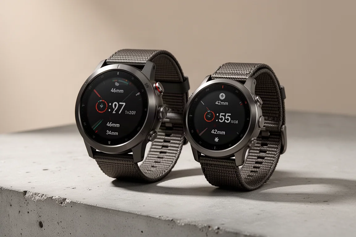 Two Coros GPS running watches of different sizes on a concrete surface