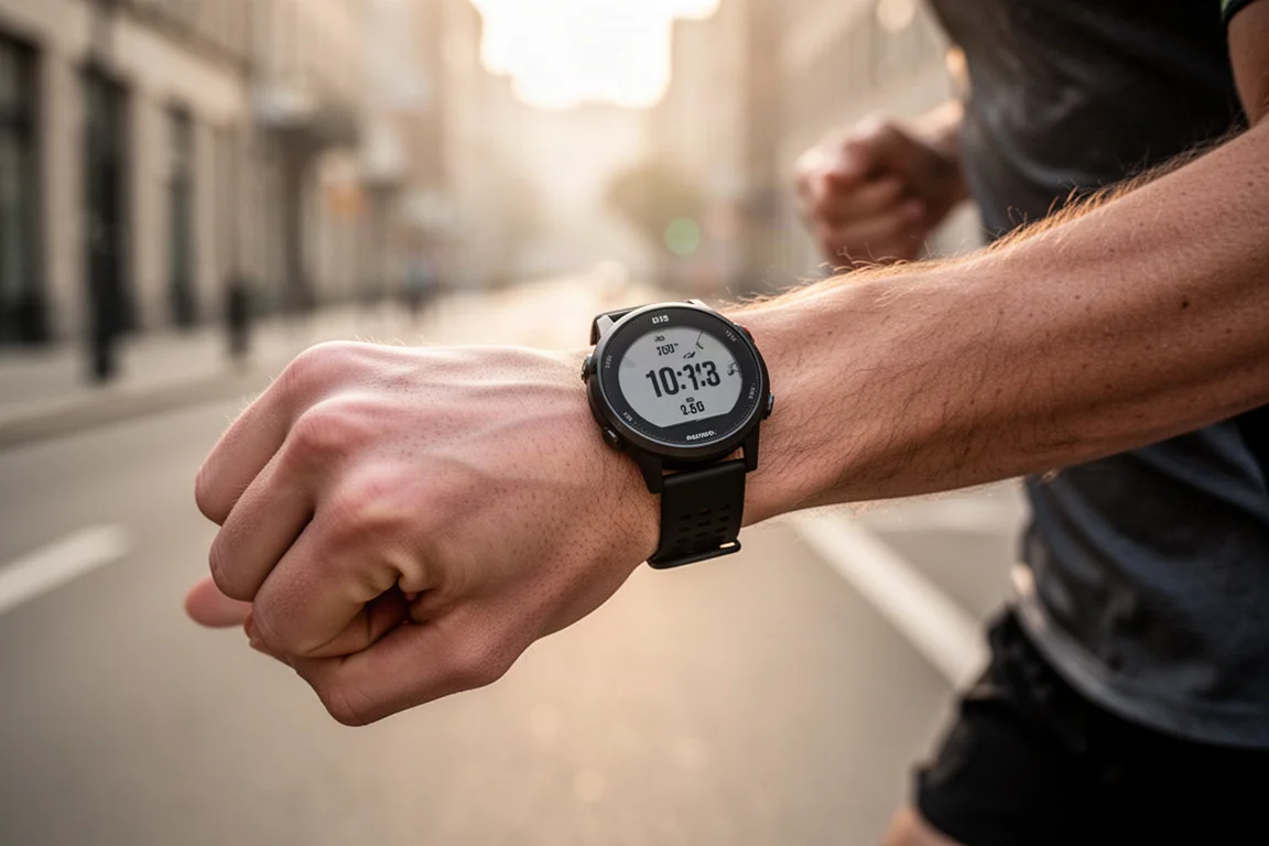 Läufer prüft eine GPS-Uhr am Handgelenk vor dem frühen Morgenlauf