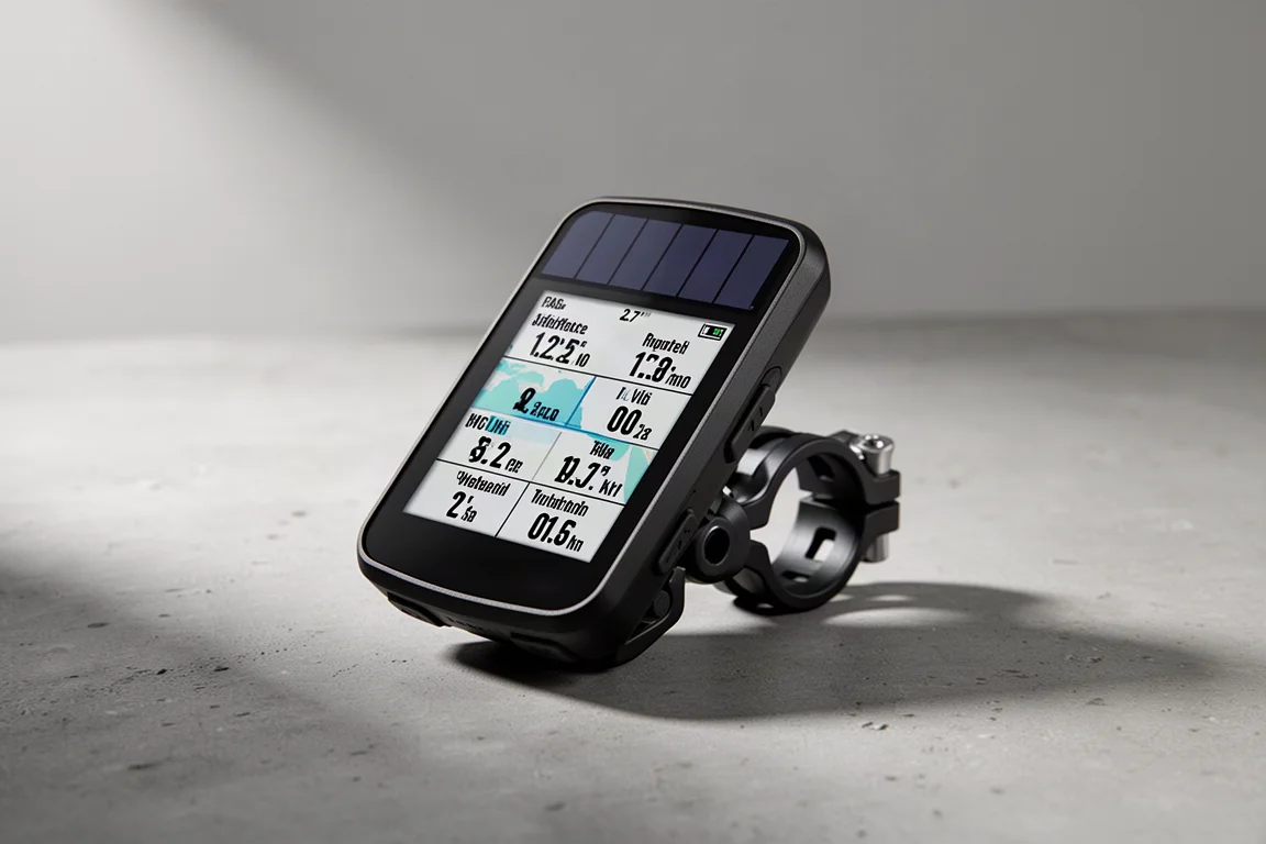 COROS DURA bike computer on an out-front handlebar mount showing its solar panel and display