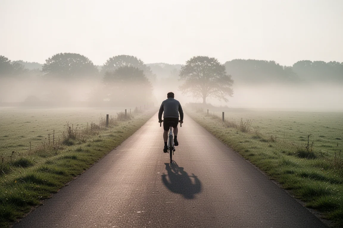 Ciclista recorriendo un tranquilo camino rural al amanecer con niebla sobre los campos
