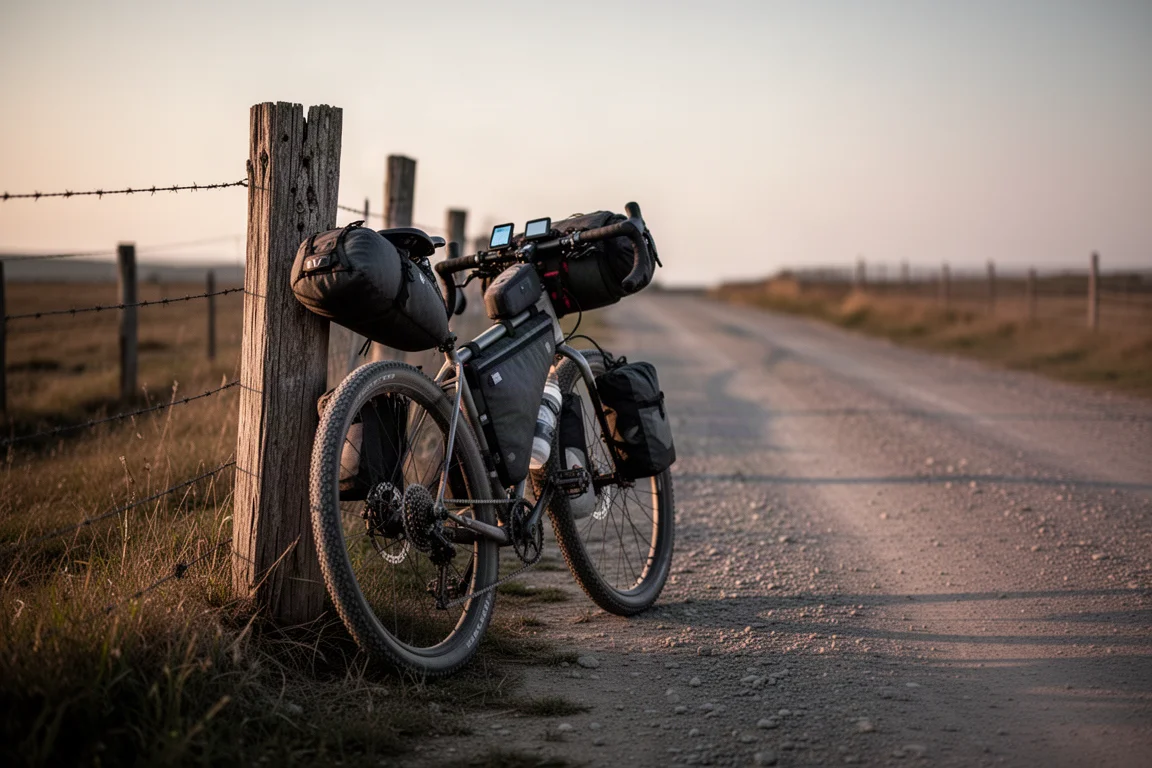 Bicicleta de bikepacking cargada apoyada contra un poste de valla en un camino de grava vacío al atardecer