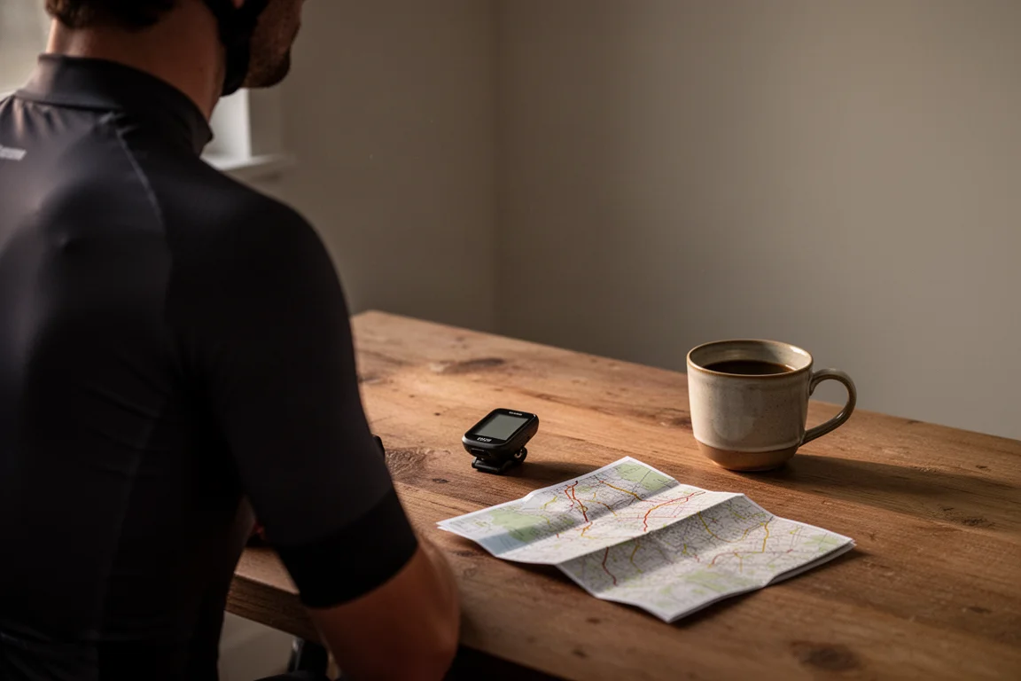 Wielrenner plant een lange route met een fietscomputer en papieren kaart aan een houten tafel