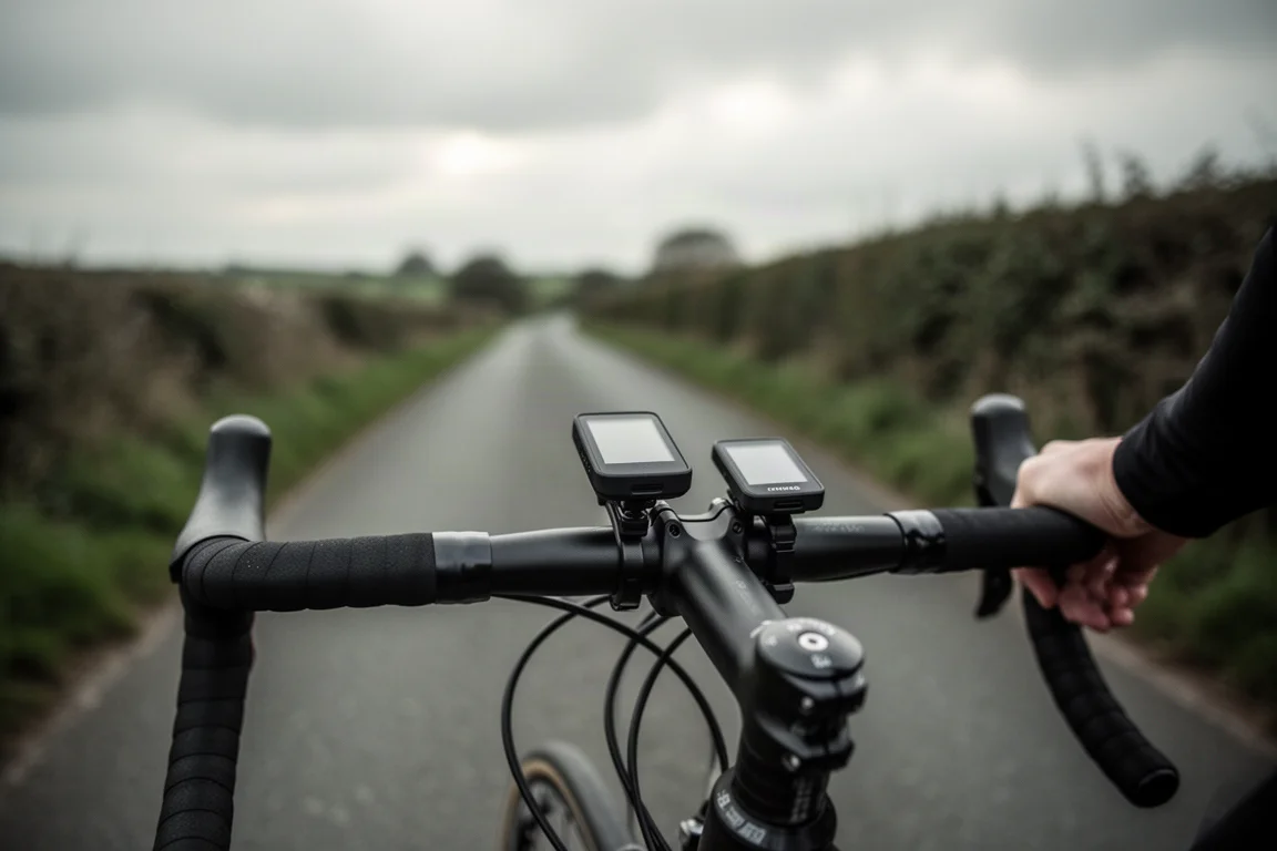 Fietscomputer op een stuur op een rustig landweggetje onder zachte bewolking