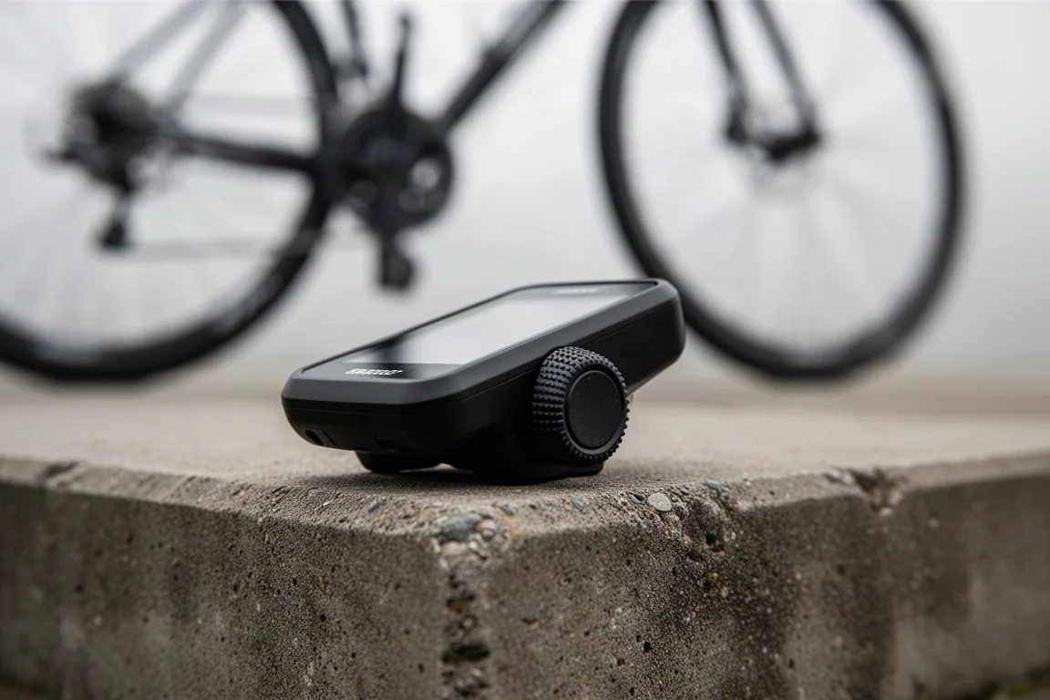 Close-up van laag bij de grond van een fietscomputer en de draaiknop aan de zijkant op een betonnen trede