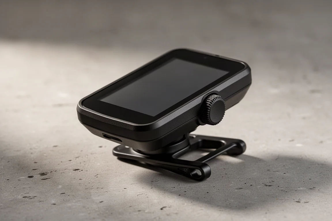Black Coros Dura GPS bike computer with a rotary dial on a matte concrete surface