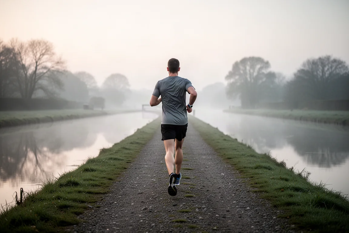 Läufer auf einem Kanaluferweg im Morgengrauen mit einer schlanken Sportuhr