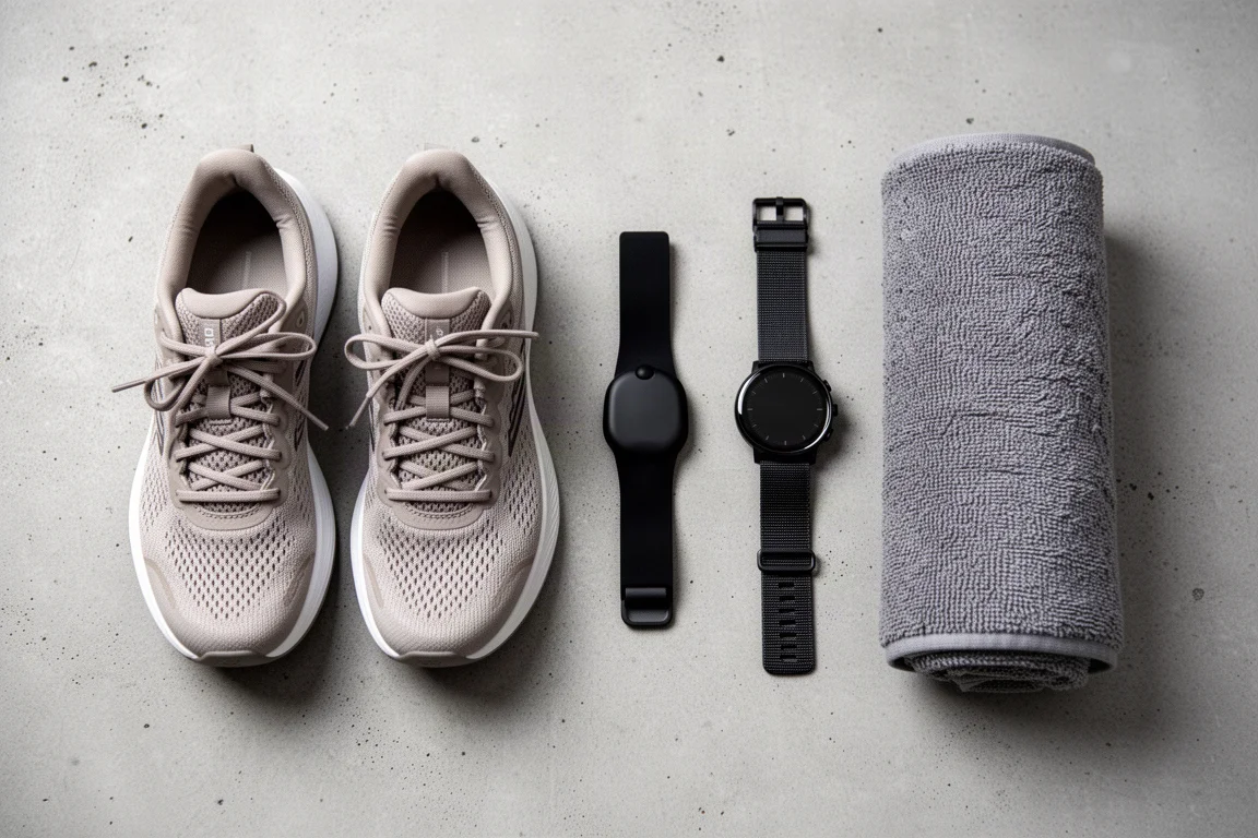 Flatlay von oben: Laufschuhe, Herzfrequenzgurt und Sportuhr auf Beton