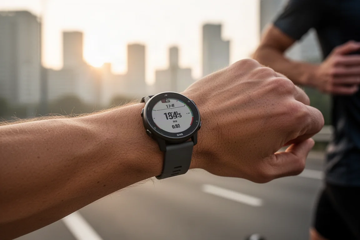 Runner checking a GPS sports watch during a road training session
