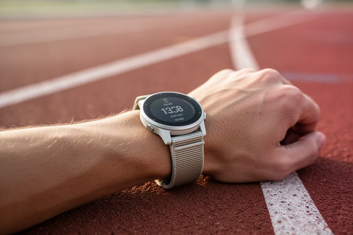 Lightweight running watch on a wrist during a track session