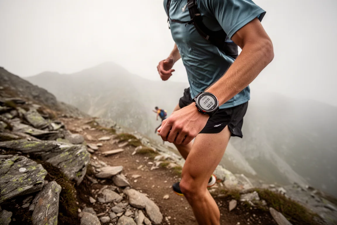 Trail runner navigating a mountain path with a GPS watch
