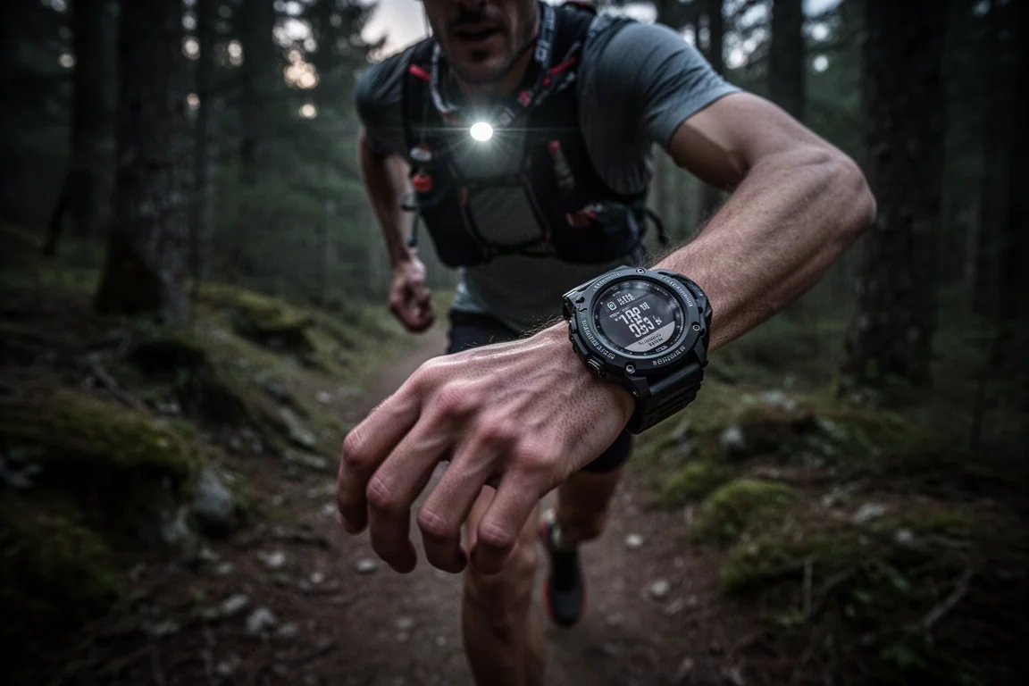Ultra runner on a long trail at dusk with a rugged GPS watch
