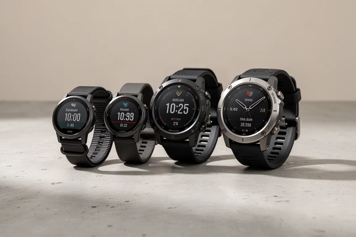 Four Coros GPS sports watches from slim to rugged arranged on a concrete surface
