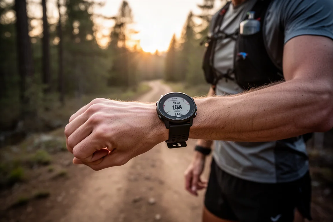Hardloper controleert een GPS-sporthorloge voordat hij de trail op gaat